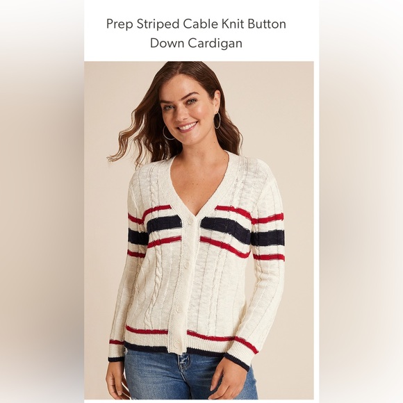 NWT Maurice’s Prep Varsity Women's Striped Cable Knit Cardigan Sweater, Medium - Picture 2 of 6